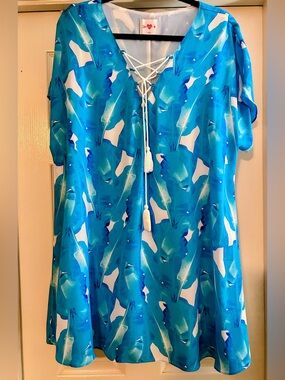 Buddy Love Turquoise & Aqua Feather-Print Tunic with Tassel Tie
